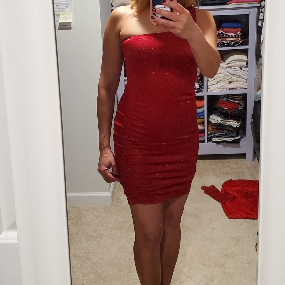Red metallic glitter one shoulder dress